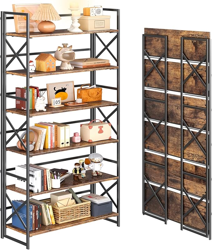 4NM Extra Wide 6 Tiers No Assembly Book Shelves, 61.8" H Folding Bookshelf by 4NM