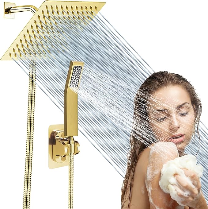 High Pressure Square Rain Gold Shower Head and Handle Shower Set.Equipped by AWAXFOLO