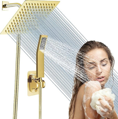 High Pressure Square Rain Gold Shower Head and Handle Shower Set.Equipped by AWAXFOLO