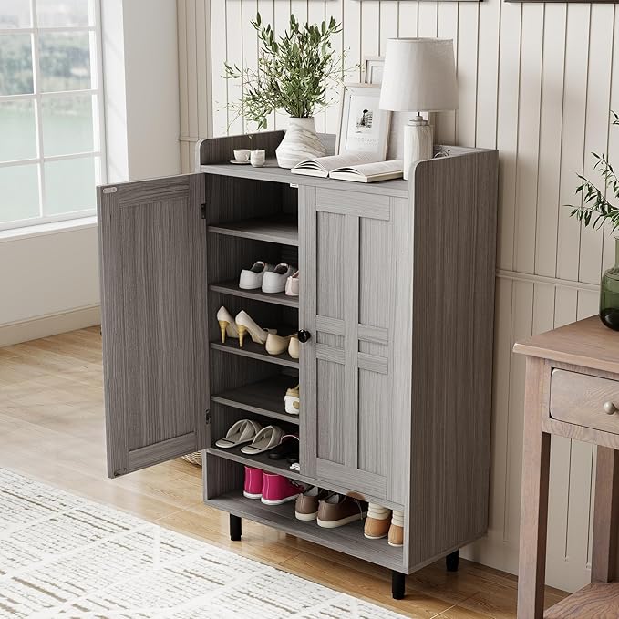 Farmhouse Shoe Cabinet with Doors, 6-Tier Wooden Shoe Organizer with Adjustable - Image 5