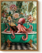 WHASAYART Framed Funky Funny Octopus Reading on bathtub Wall Art Canvas 12"x16", Whimsical, Floral and Botanical, Ocean Animal Abstract Modern Style Print for Bathroom Washroom Restroom Decor