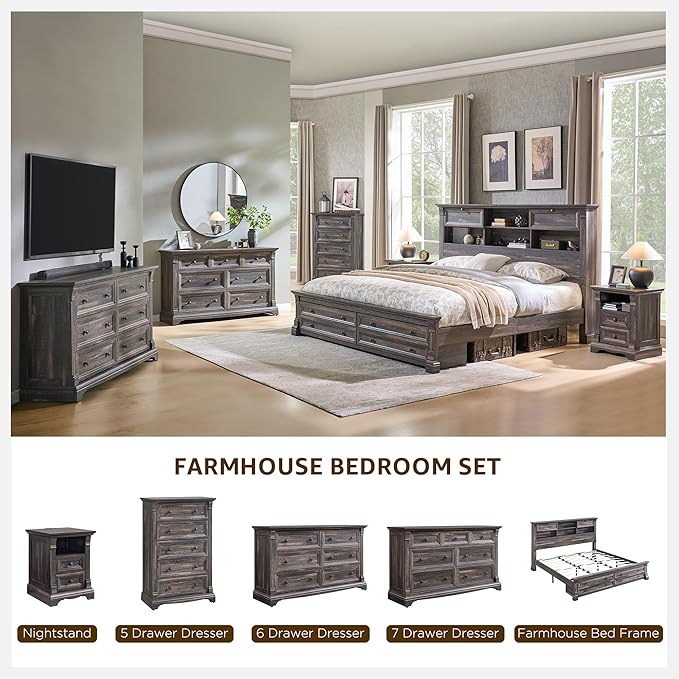 Farmhouse Nightstand with Charging Station, Wooden Sofa Side Table w/Roman - Image 6