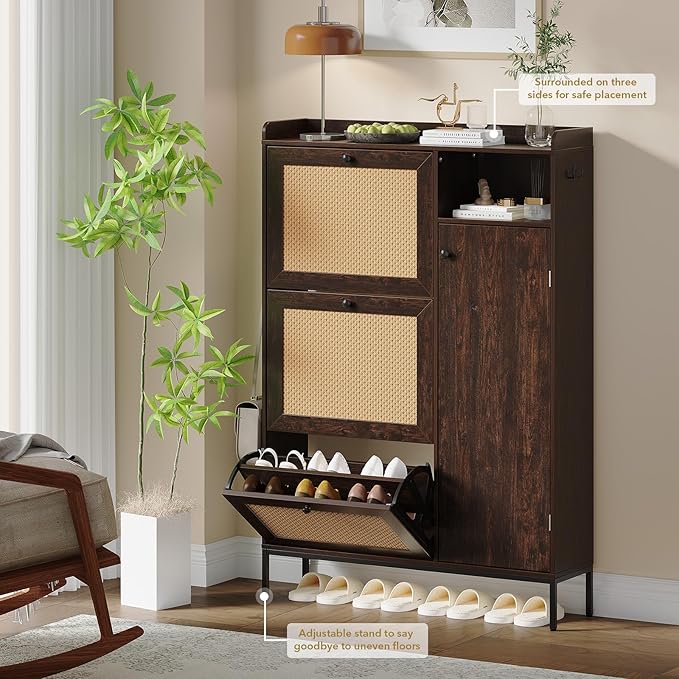 Rattan Wooden Shoe Cabinet, Freestanding 3-Flip Drawer Shoe Storage Organizer - Image 3