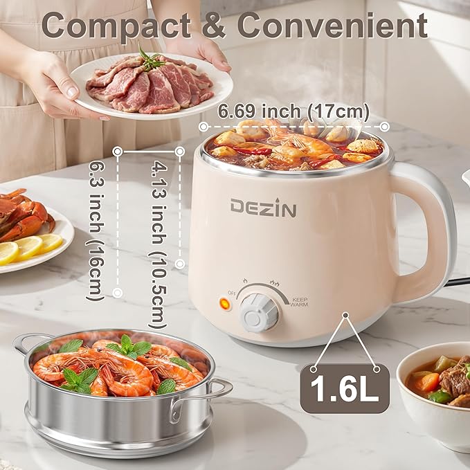 Dezin Hot Pot Electric with Steamer, Rapid Noodles Cooker, Stainless Steel - Image 3