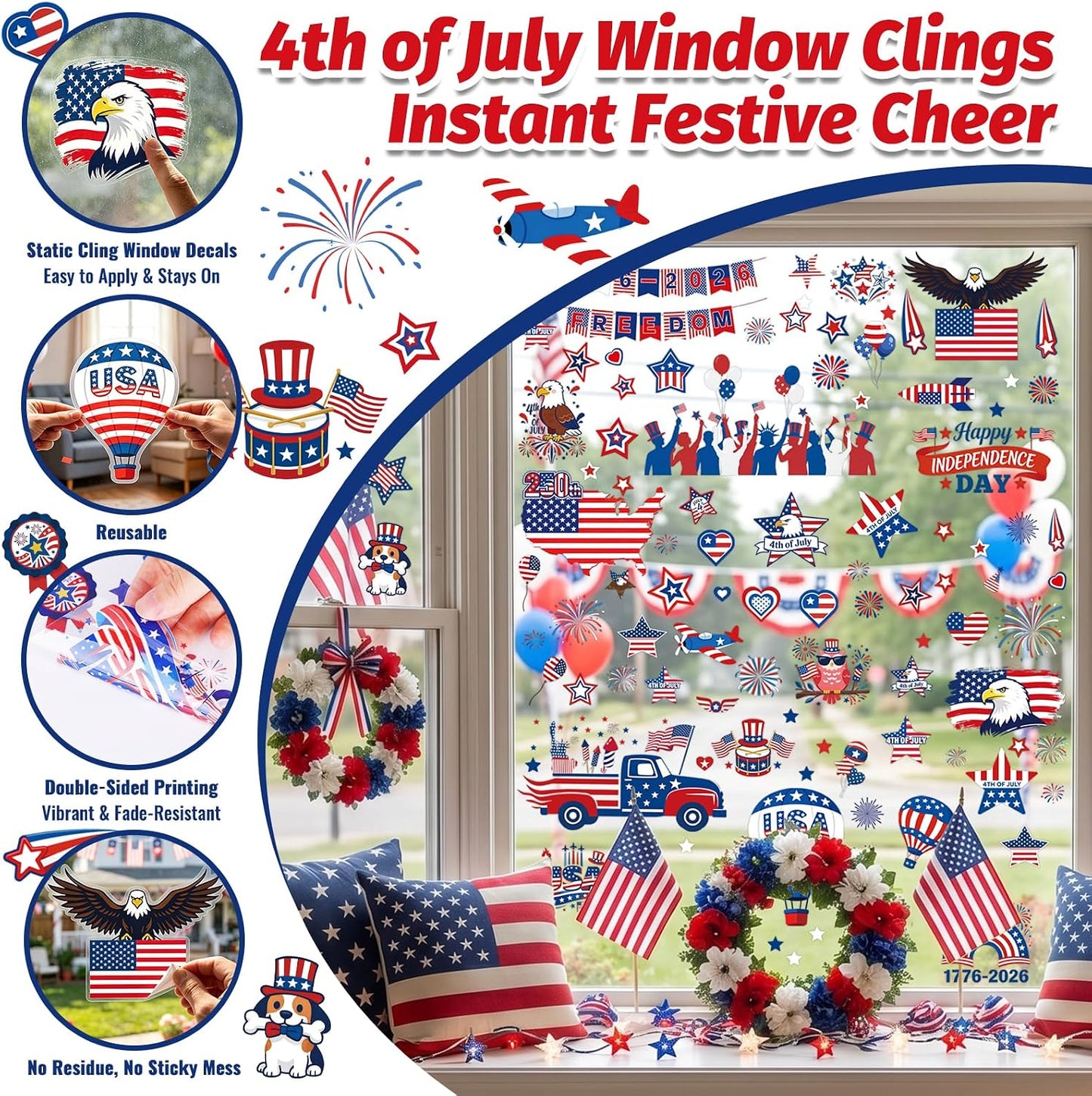 112Pcs 9 Sheets 4th of July Independence Day Window Clings | Reusable Static Stickers for USA 250th Anniversary, American Flag, Eagle, Stars Perfect for Home, Glass, Party Decor