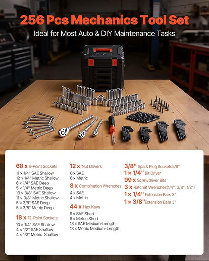 VEVOR Mechanics Tool Set, 256-Piece Mechanic Tool Kit, 1/4 in, 3/8 in, and 1/2 - Image 3