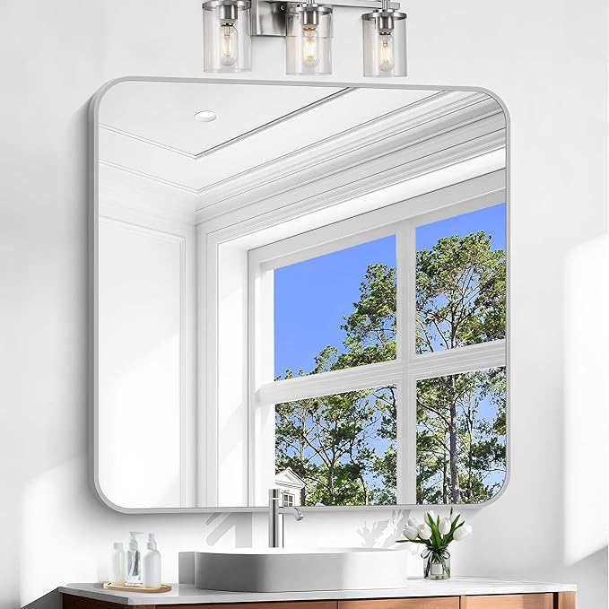 Silver Bathroom Mirror, 42 x 42 Inch Silver Square Mirror, Metal Framed - Image 8