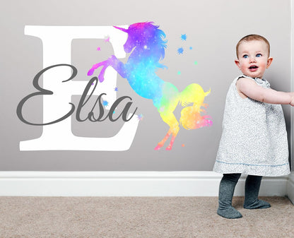 Girls Nursery Glitter Shimmer Sparkle Printed Unicorn Name and Initial Personalized Custom Name Vinyl Wall Decal, Wall Decor Sticker (Multiple Sizes to Choose from) (Rainbow Shimmer)