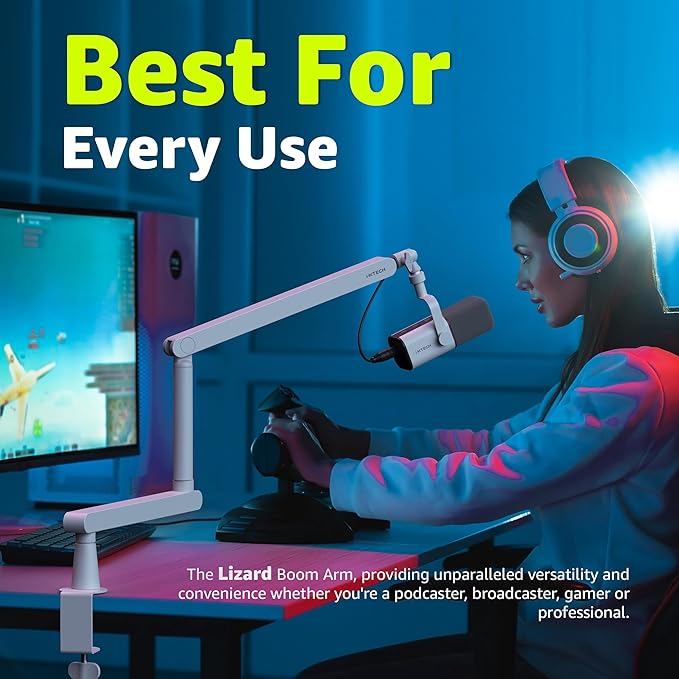 IXTECH White Microphone Boom Arm Stand Low Profile Boom Arm Adjustable Mic Stand - Image 5