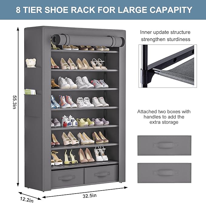 OYREL Shoe Rack Storage Cabinet 32 Pairs Organizer Shelf Tall - Image 3