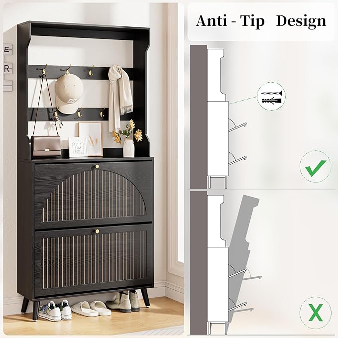 Shoe Cabinet for Entryway with 2 Flip Drawers & Coat Rack, Narrow Hidden Shoe - Image 9