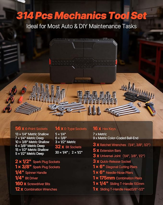 VEVOR Mechanics Tool Set, 314-Piece Mechanic Tool Kit, 1/4 in, 3/8 in, and 1/2 - Image 3