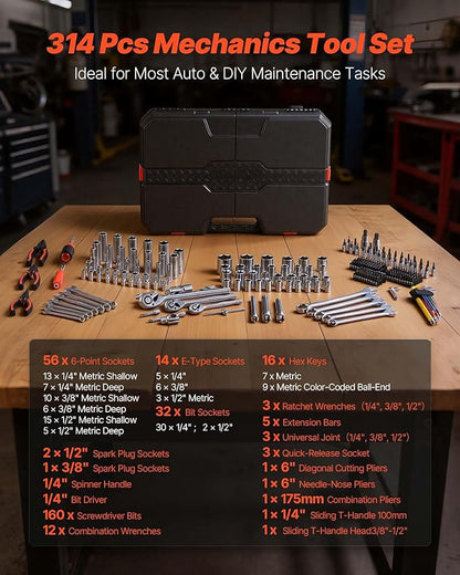 VEVOR Mechanics Tool Set, 314-Piece Mechanic Tool Kit, 1/4 in, 3/8 in, and 1/2 - Image 3