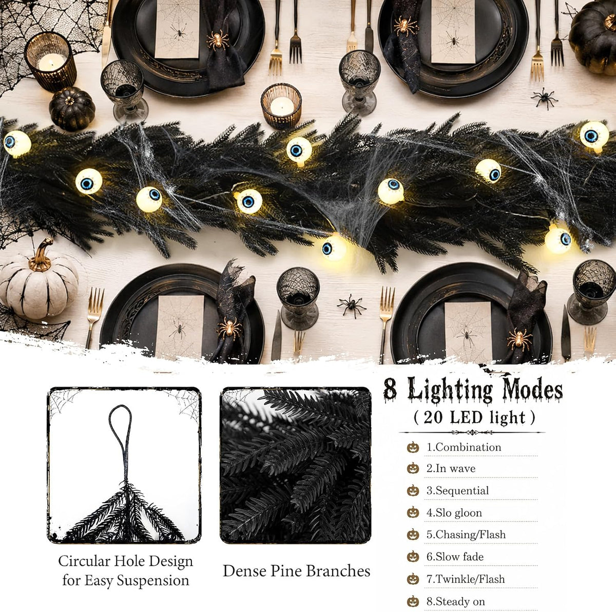 9FT Black Halloween Garland with Eyeball String Light Spider Cotton Spiders