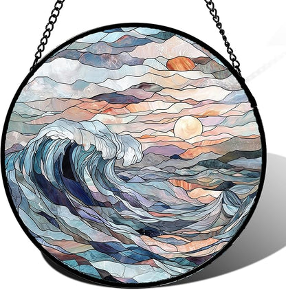 DASTOLL Stained Glass Window Hanging, Sunrise Waves Sun Catchers Diamond Glass by DASTOLL