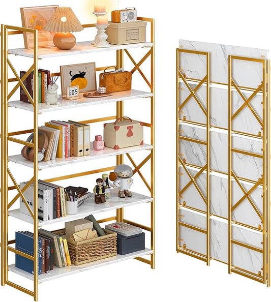 4NM Extra Wide 5 Tiers No Assembly Book Shelves, 51.2" H Folding Bookshelf by 4NM