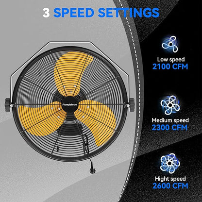2PCS 2600 CFM 14 inch Outdoor High Velocity Wall Mounted Fan, 3-Speed Metal Fans - Image 2
