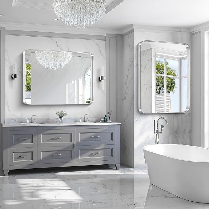 CIRCUMI Silver Bathroom Mirror, Rounded Corner, Tempered Glass, Large Mirror - Image 4