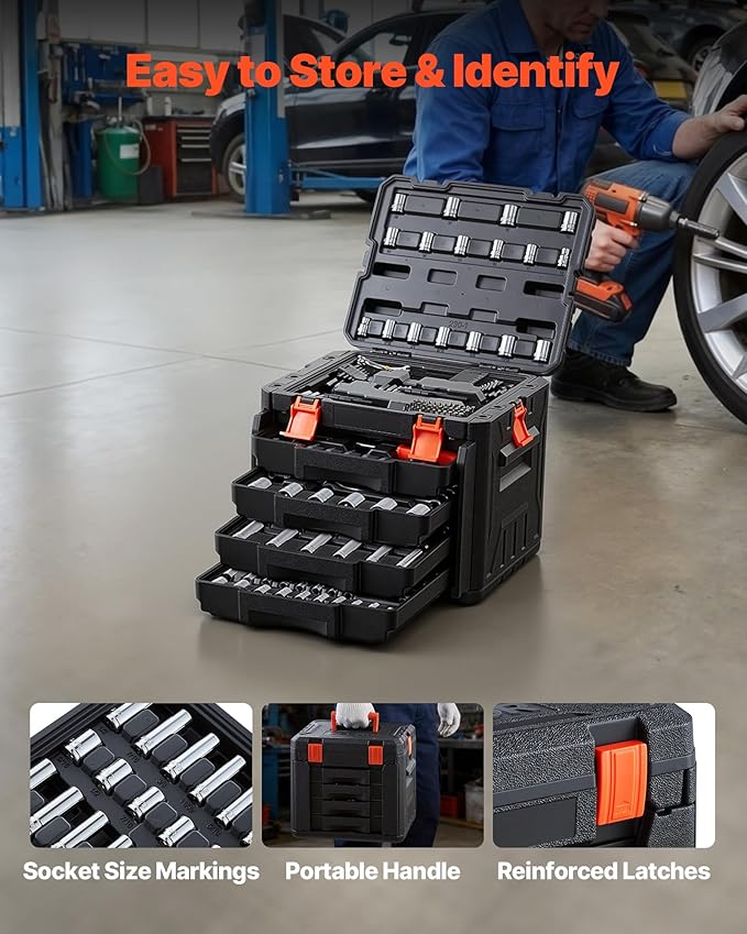 VEVOR Mechanics Tool Set, 230-Piece Mechanic Tool Kit, 1/4 in, 3/8 in, and 1/2 - Image 7