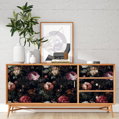 Black Vintage Floral Peel and Stick Wallpaper 17.5" x 118" | Waterproof Vinyl Self Adhesive Removable Renter Friendly Floral Contact Paper