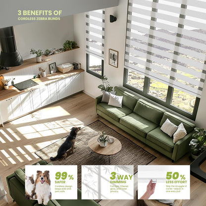 Cordless Zebra Blinds for Windows, Pure White, 58" W x 72" H | Dual Layer Light Control for Day and Night,Light Filtering & Blackout Window Blinds,Easy to Install Zebra Blind for Home