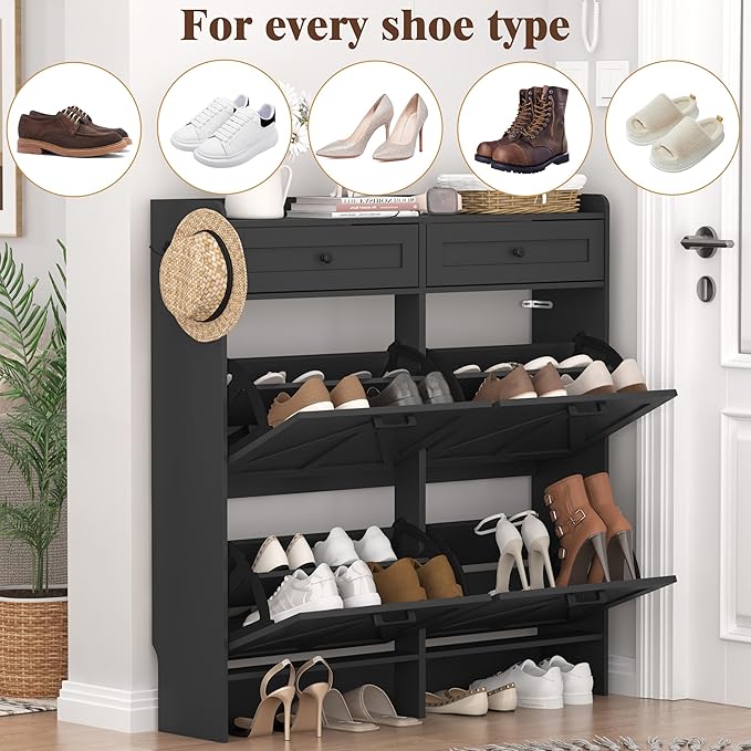 Shoe Cabinet with 4 Flip Drawers & 2 Storage Drawers, Rustic Farmhouse Narrow - Image 8