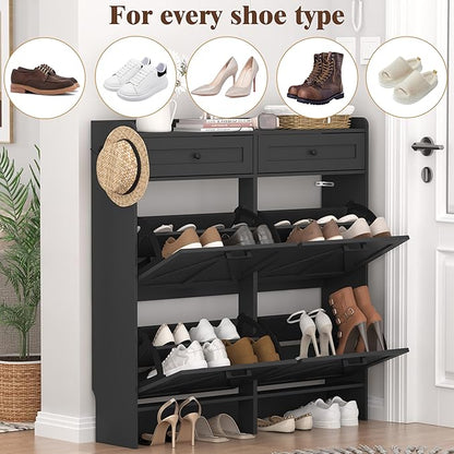 Shoe Cabinet with 4 Flip Drawers & 2 Storage Drawers, Rustic Farmhouse Narrow - Image 8