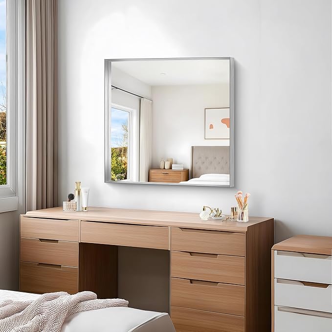 Silver Bathroom Mirror, 30x30 Inch Rectangular Framed Mirror, Large Wall - Image 7