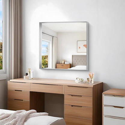 Silver Bathroom Mirror, 30x30 Inch Rectangular Framed Mirror, Large Wall - Image 7