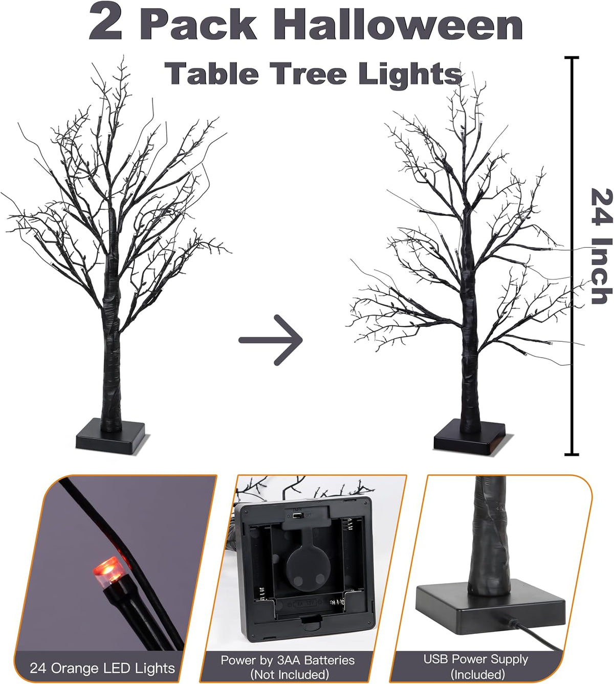 Halloween Decorations Indoor 2 Pack 24 Inch Black Halloween Tree with 24 Oran...