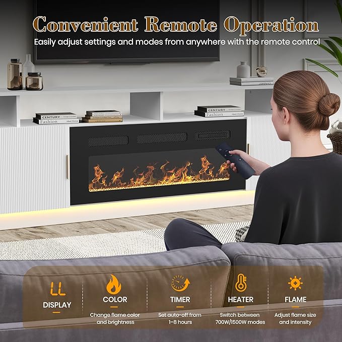 70” Fluted TV Stand with 36” Electric Fireplace, 2 Tier TV Console Cabinet with - Image 6