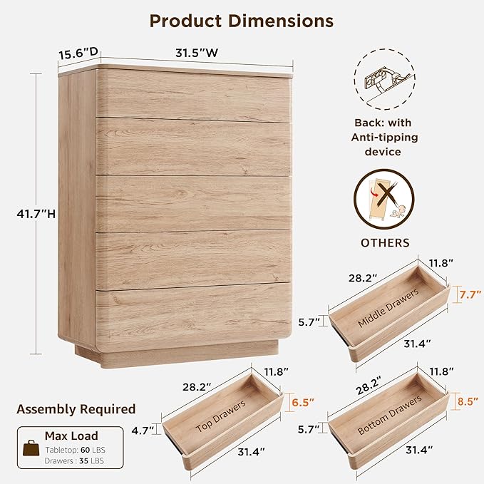JXQTLINGMU 5 Drawer Dresser for Bedroom, Push-to-Open Chest of Drawers for - Image 2