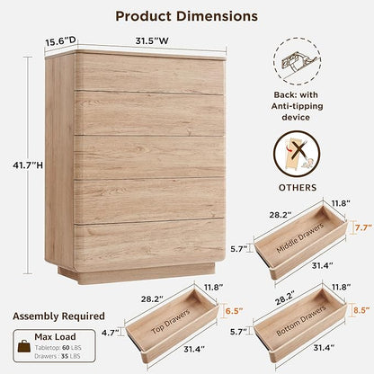 JXQTLINGMU 5 Drawer Dresser for Bedroom, Push-to-Open Chest of Drawers for - Image 2