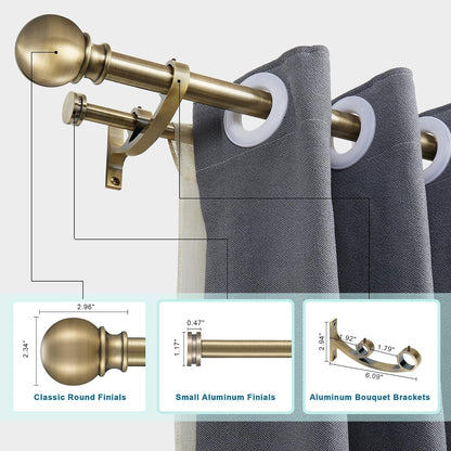 Double Curtain Rods with Aluminum Bouquet Brackets and Round Finials, Antique Bronze Curtain Rods for Windows 28 to 48 inch, 1-inches Front and 5/8 Inches Back Double Window Drapery Rod