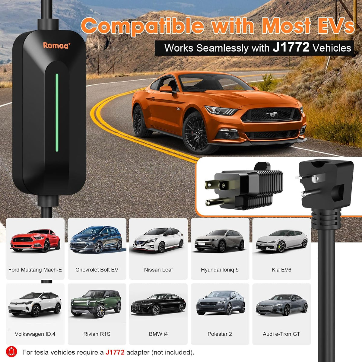 Romaa 16A Portable EV Charger Level 1, J1772 Charger, NEMA 6-20 Plug