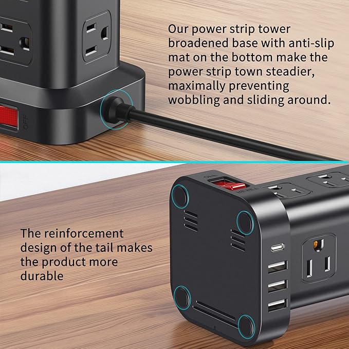 PD 20W USB C Surge Protector, Mini Power Strip Tower Travel 12 AC 4 USB Power - Image 7