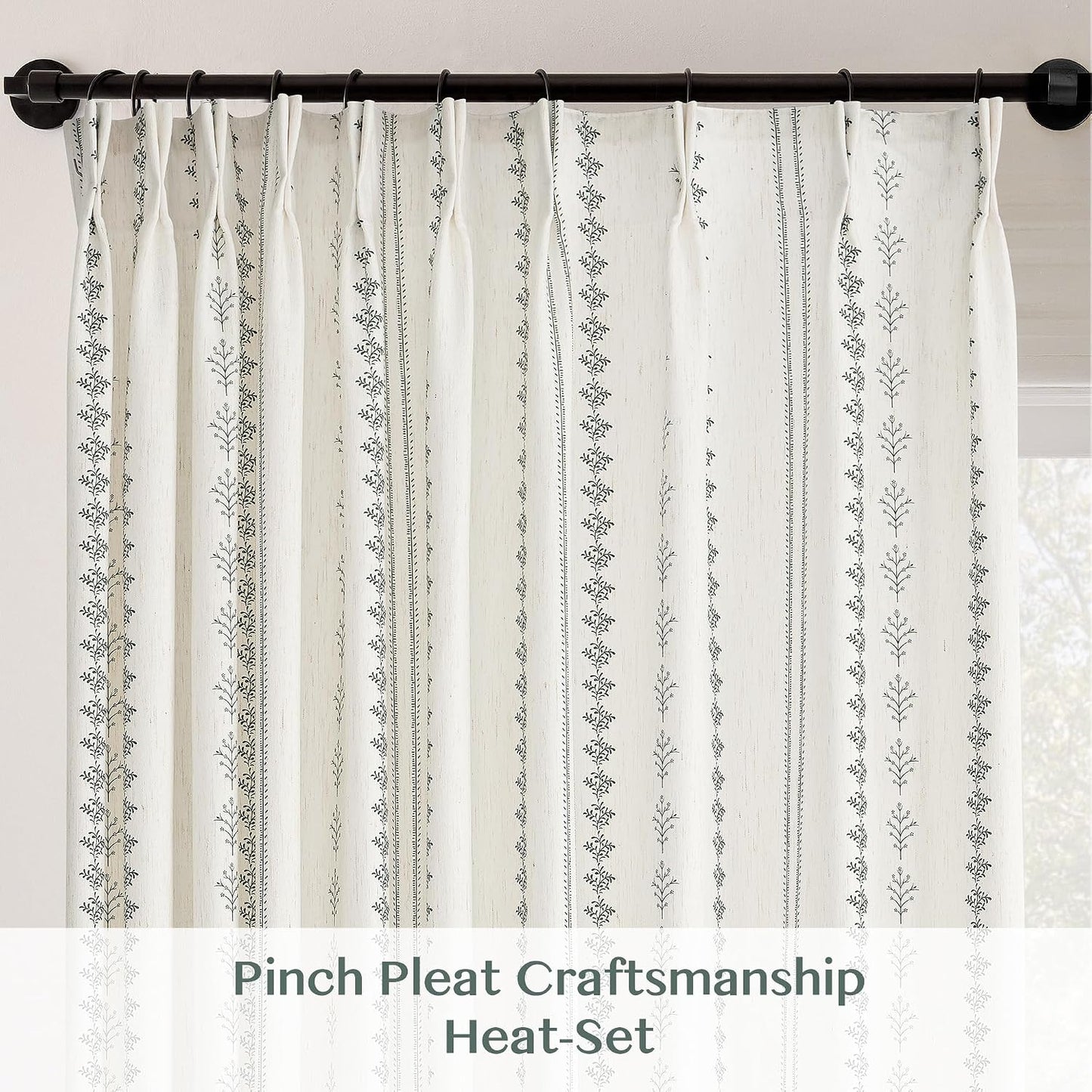 Pinch Pleated Sage Green Floral Block Print Curtains 84 Inches Long, Vintage Boho Linen Blend Drapes for Bedroom Living Room, 2 Panels Set