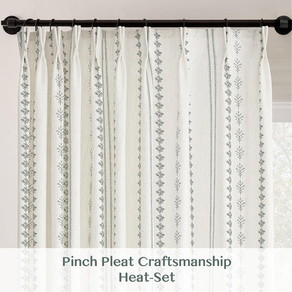 Pinch Pleated Sage Green Floral Block Print Curtains 84 Inches Long, Vintage Boho Linen Blend Drapes for Bedroom Living Room, 2 Panels Set