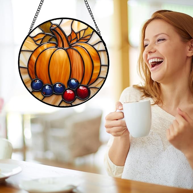 DASTOLL Stained Glass Window Hanging Fall Pumpkin Berries 6.3" - Image 4