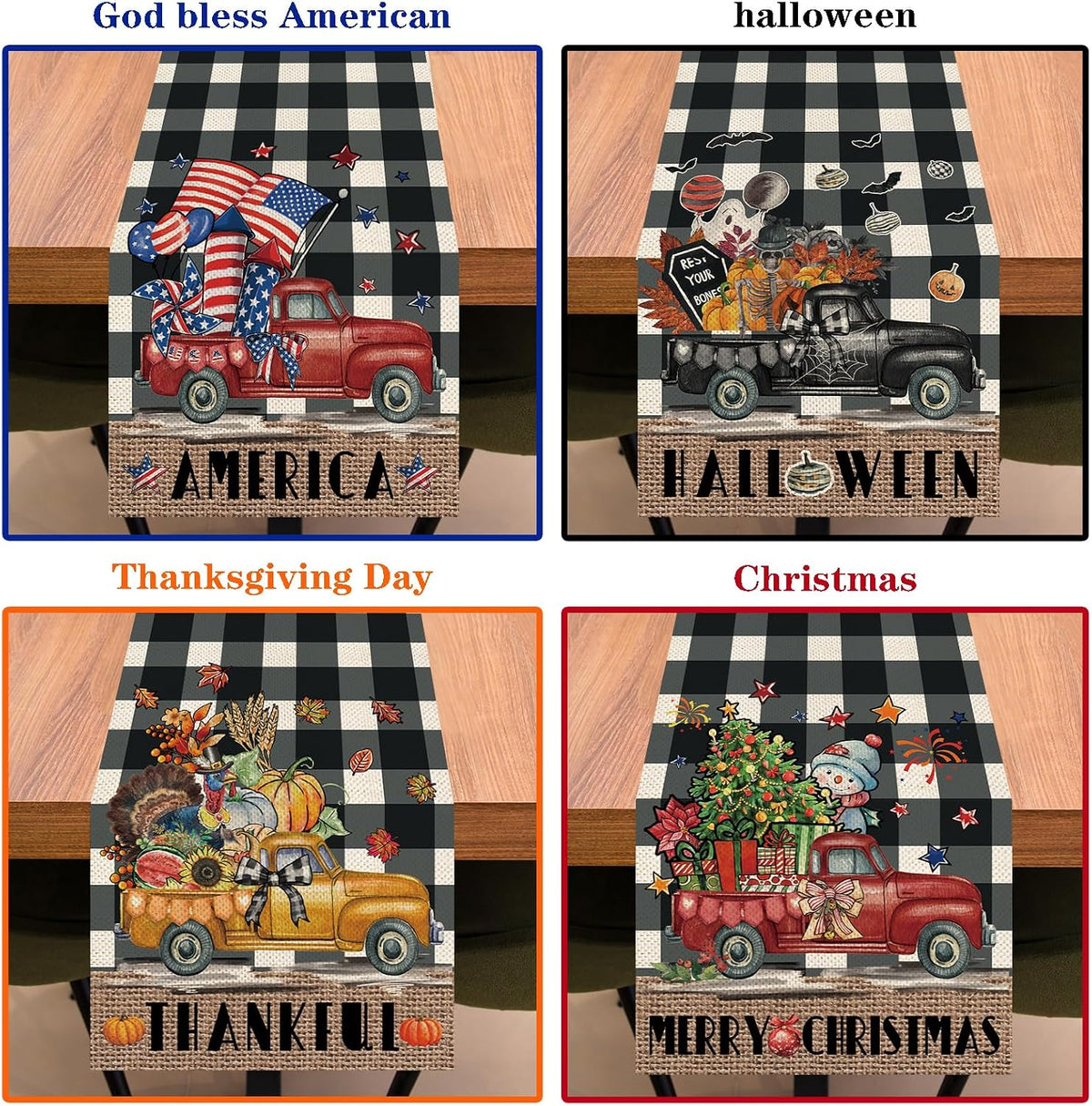 8 Pcs Truck Holiday Table Runners 72 Inches Long, Rustic Truck Fall Winter Ha...