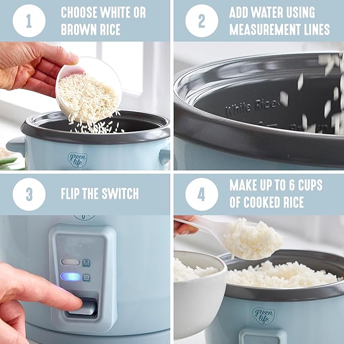 GreenLife Rice Cooker with Removable PFAS-Free Ceramic Nonstick Pot, 3-Cups - Image 10