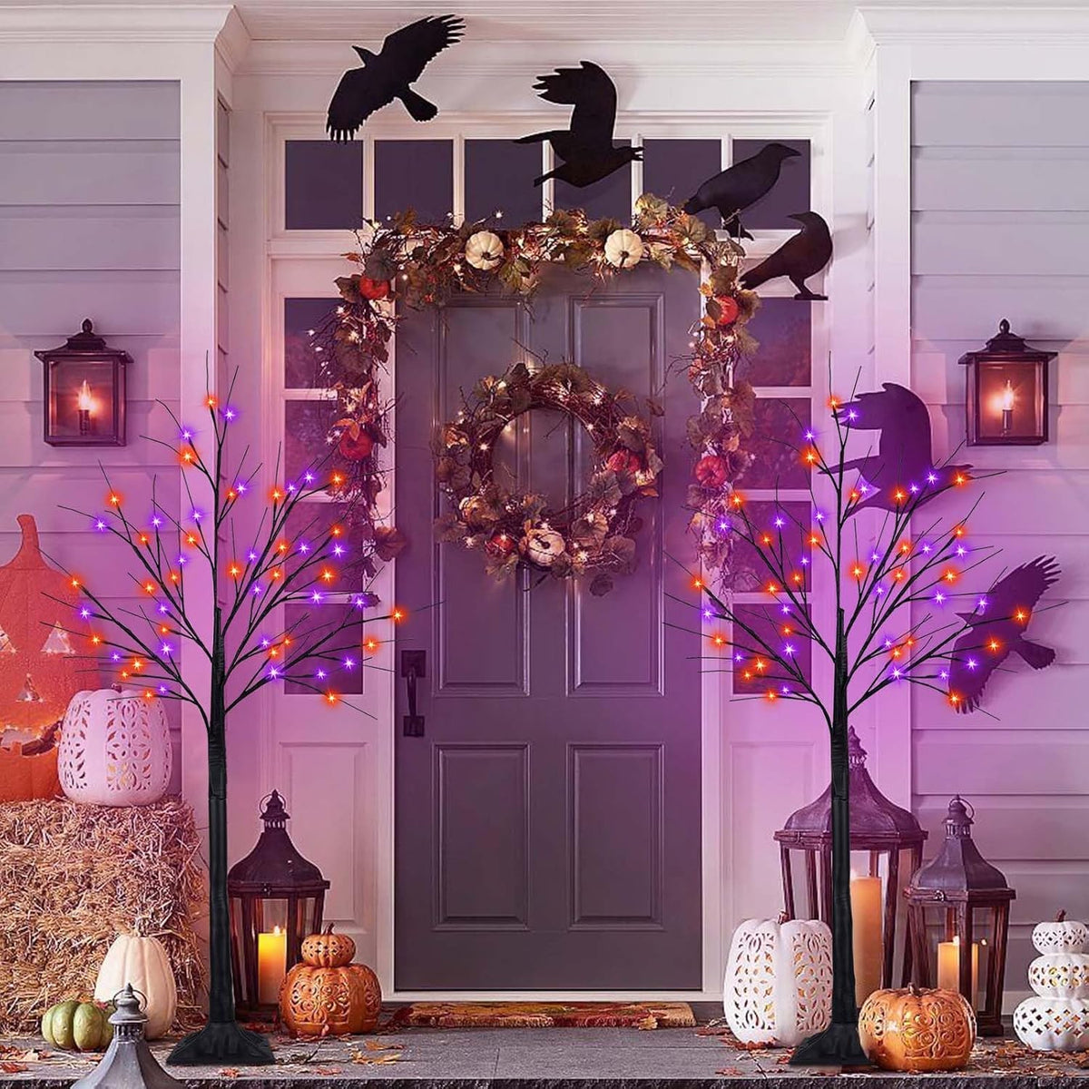 2 Pack 4FT Halloween Lighted Black Tree with 100 LED Orange & Purple Lights