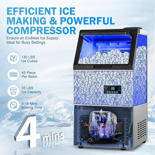 Commercial Ice Maker Machine 140Lbs/24H, 45 Ice Cubes in 4-15 Mins, 35Lbs Ice - Image 3