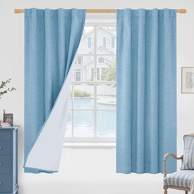 LAMIT Blue 100% Blackout Linen Curtains, 63 Inches Linen Textured Thermal by LAMIT