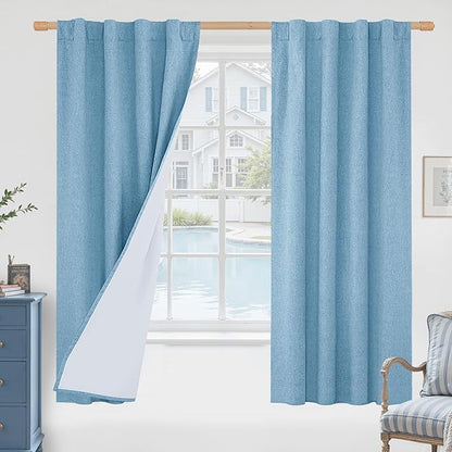 LAMIT Blue 100% Blackout Linen Curtains, 63 Inches Linen Textured Thermal by LAMIT