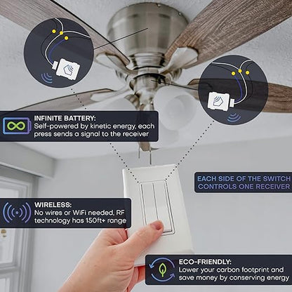 RunLessWire 3-Way Fan & Light Battery-Free DIY Kinetic Wireless Light Switch Kit - Image 3