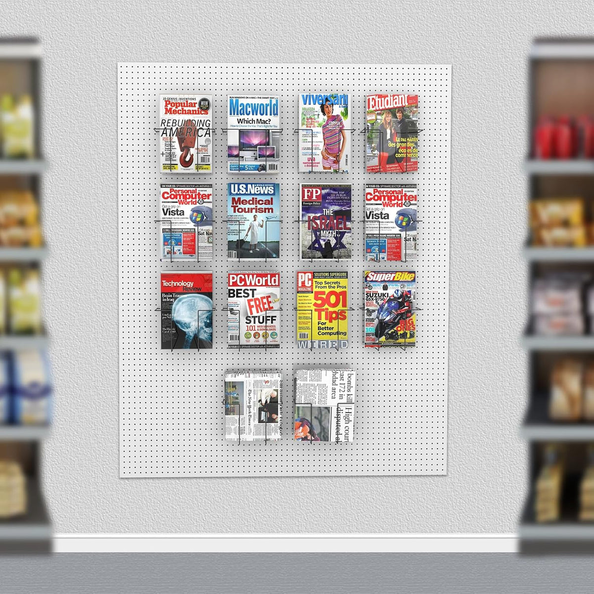 6 pair expandable literature display shelf for pegboard on a desk or shelf