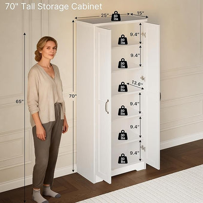 70" Tall Storage Cabinet, Large Wood Storage Pantry Cabinet - Image 2
