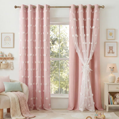 RYB HOME Pink Pom Pom Curtains for Girls Bedroom Nursery, Room Darkening | Double Layer, Thermal Insulated, For Girls Kids Bedroom Nursery, With 2 Bow Tie Backs, Shabby Chic, W52 x L84,2 Panels