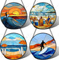 AMDERVEN Stained Glass Window Hanging 4 Pcs Set Blue Ocean Surfing Beach Large by amderven